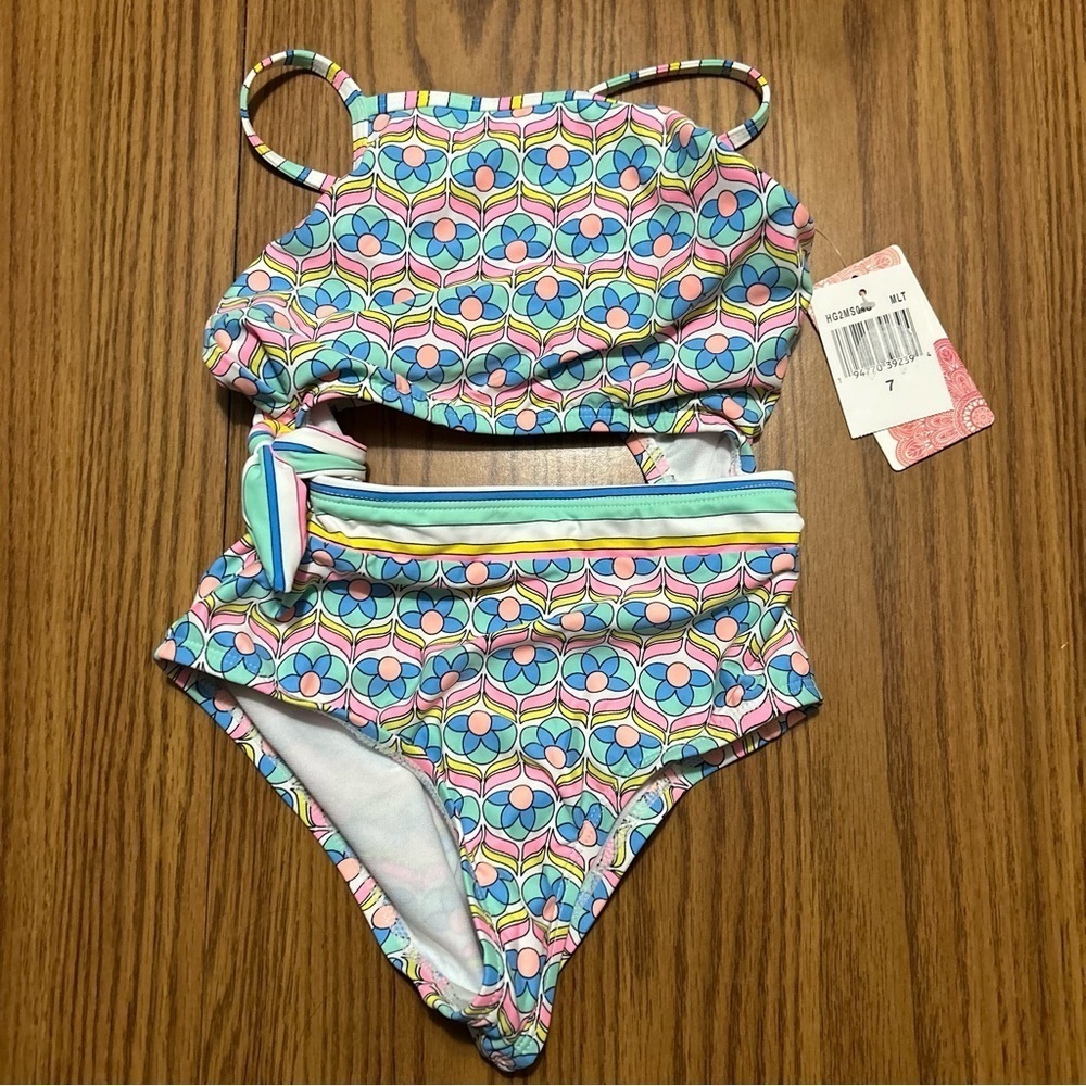 NWT HOBIE Girl's Cutout Side Tie One-Piece Swimsuit Floral Print Size 7